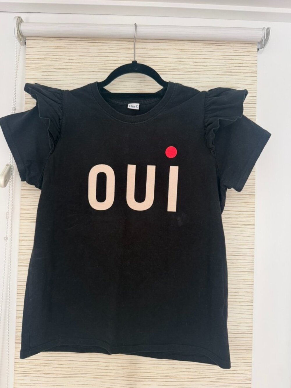 Clare V. Black Oui Ruffle Sleeve Graphic Top Size Small